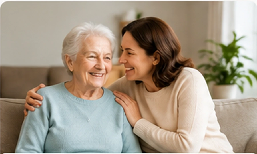 Smiling senior woman with a friendly companion indoors