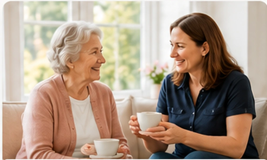 Companion having tea with an older woman