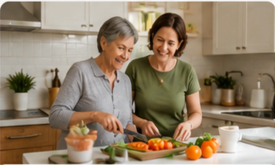 Older adult and companion preparing food in a kitchen