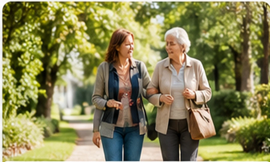 Companion walking outdoors with an older woman