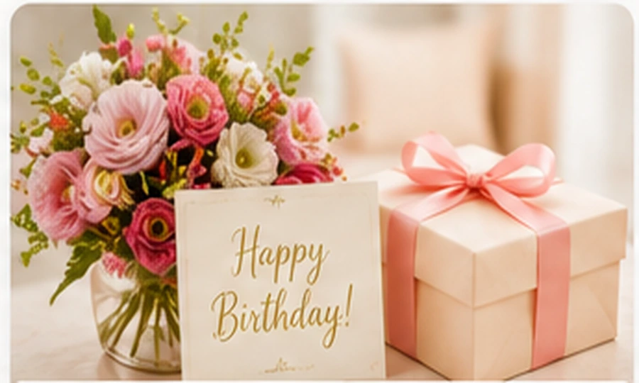 Flowers birthday card and wrapped gift