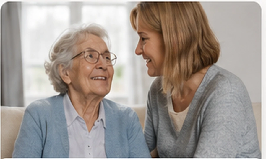 Companion speaking gently with older woman at home